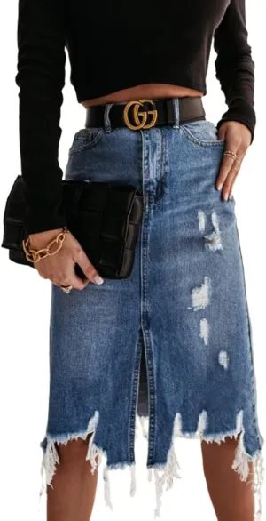 2025 New Women's High Waist A-line Denim Long Skirt, Women's Front Slit Denim Hip Skirt