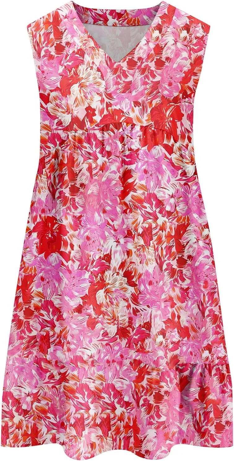 2025 Women's Summer Dresses Sleeveless Ruffle Sleeve V Neck Floral Loose Short Flowy Pleated Mini Babydoll Dress