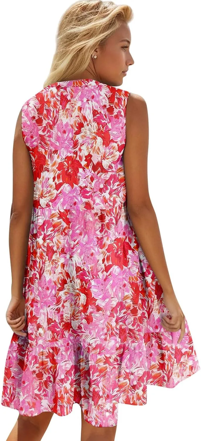 2025 Women's Summer Dresses Sleeveless Ruffle Sleeve V Neck Floral Loose Short Flowy Pleated Mini Babydoll Dress