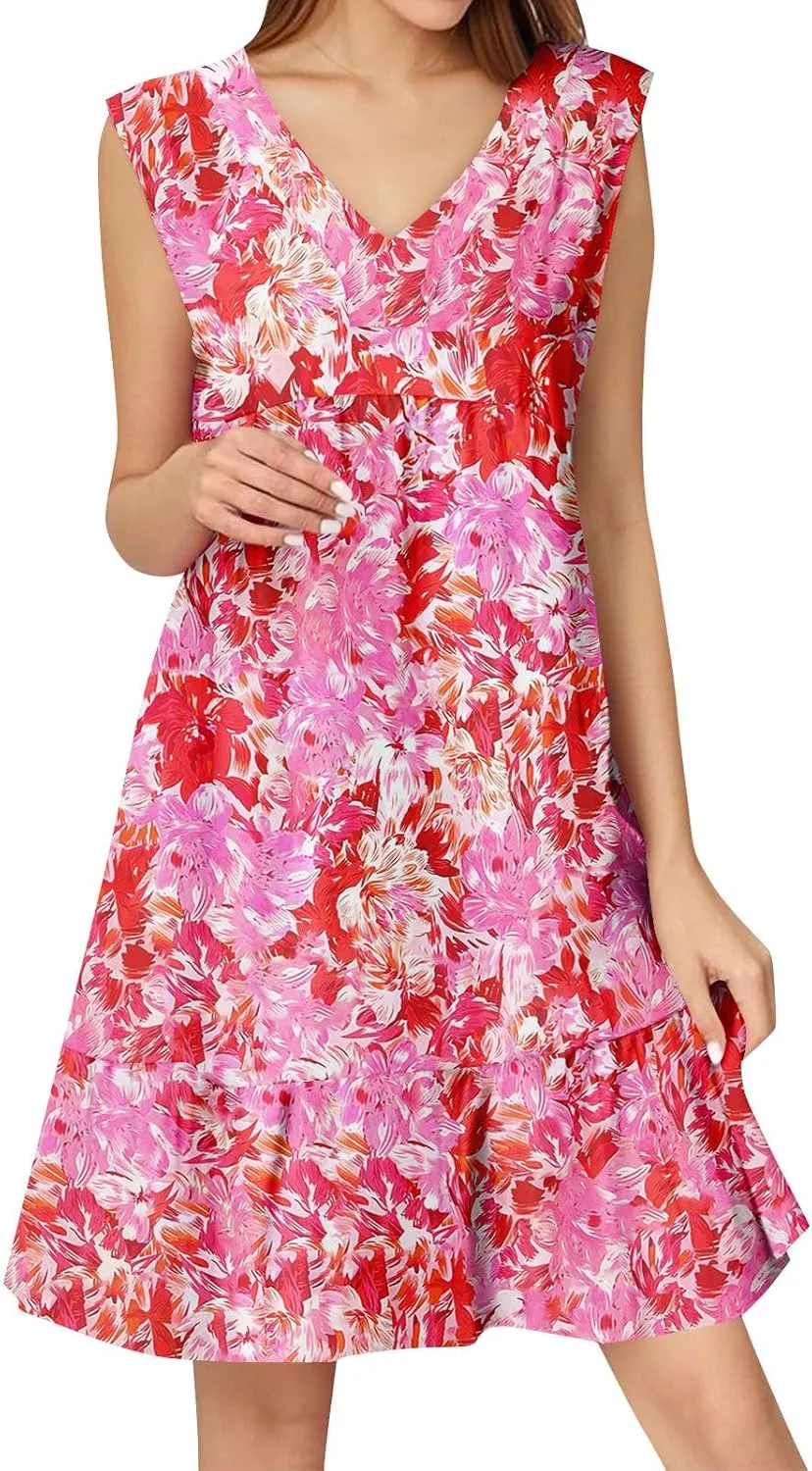 2025 Women's Summer Dresses Sleeveless Ruffle Sleeve V Neck Floral Loose Short Flowy Pleated Mini Babydoll Dress