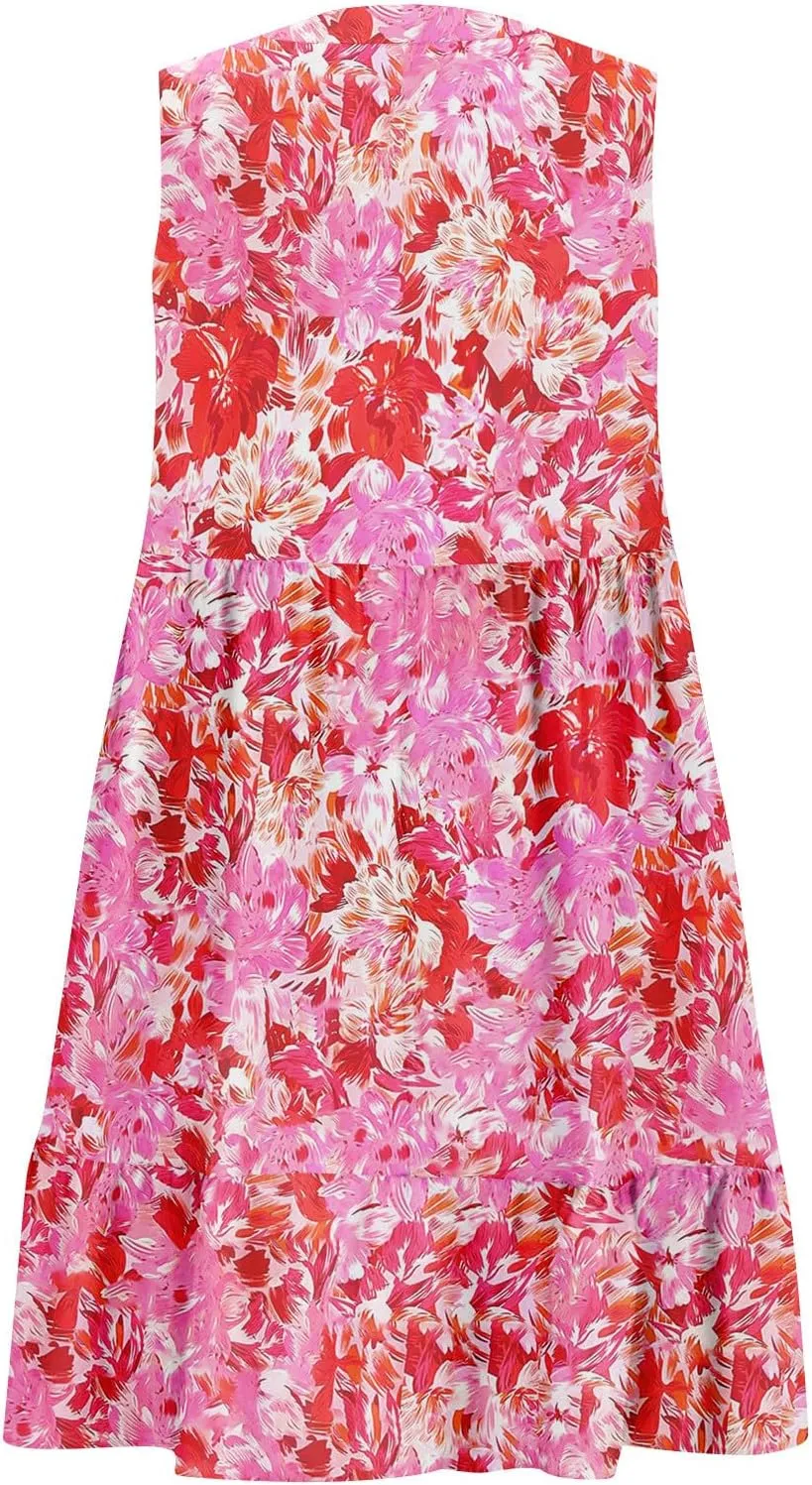 2025 Women's Summer Dresses Sleeveless Ruffle Sleeve V Neck Floral Loose Short Flowy Pleated Mini Babydoll Dress
