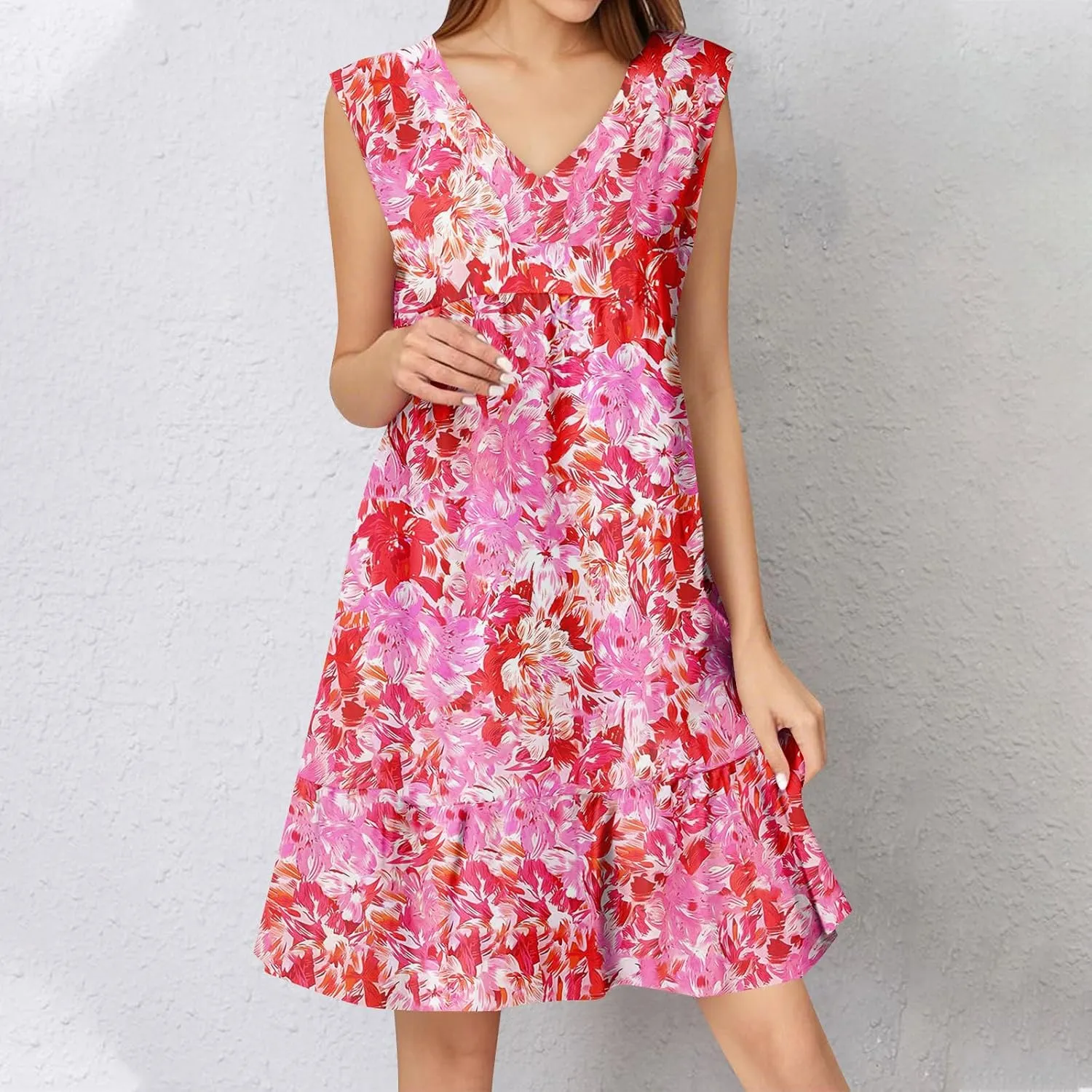 2025 Women's Summer Dresses Sleeveless Ruffle Sleeve V Neck Floral Loose Short Flowy Pleated Mini Babydoll Dress