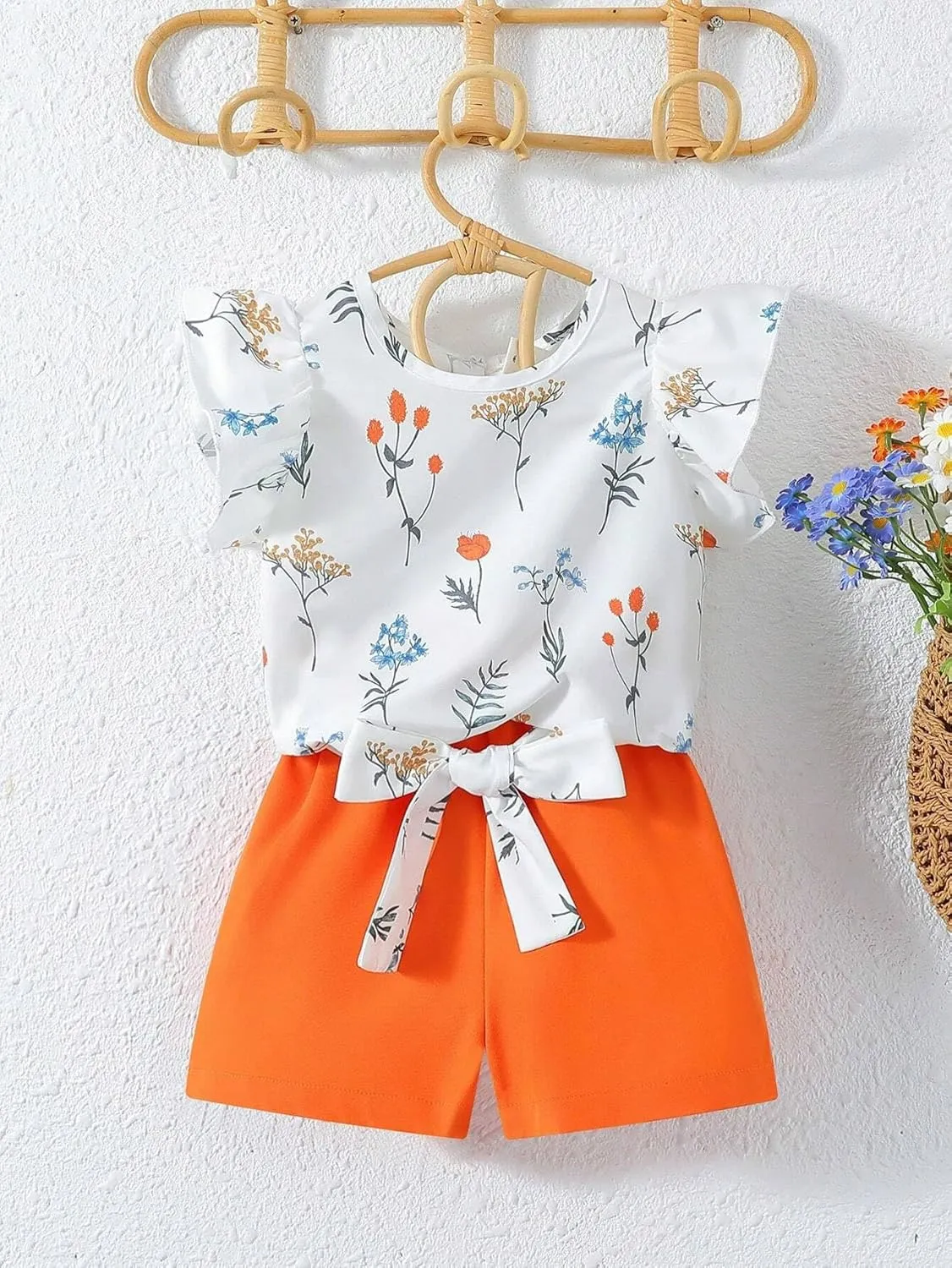 3-8T Toddler Kid Girl Outfits Clothes Ruffle Short Sleeve Floral T-Shirt Top Summer Shorts with Belt