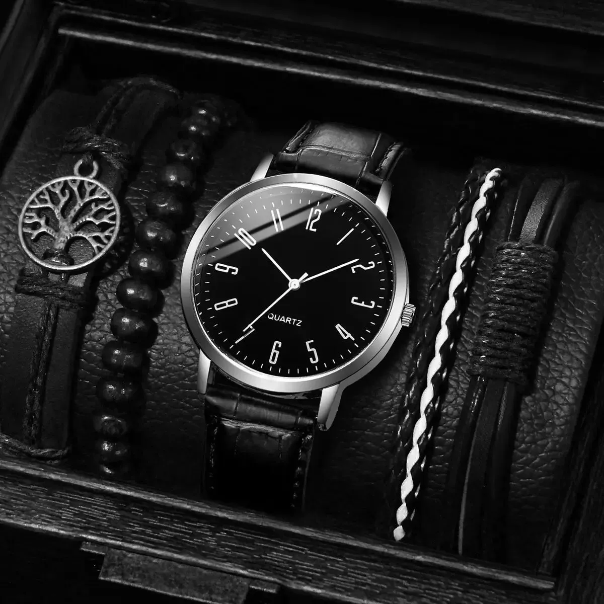 5 Piece Mens Fashion Watch Set Arabic Dial Leather Band