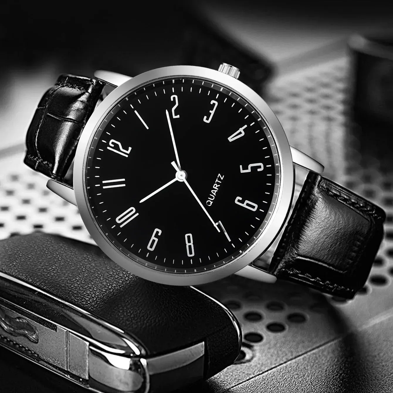 5 Piece Mens Fashion Watch Set Arabic Dial Leather Band