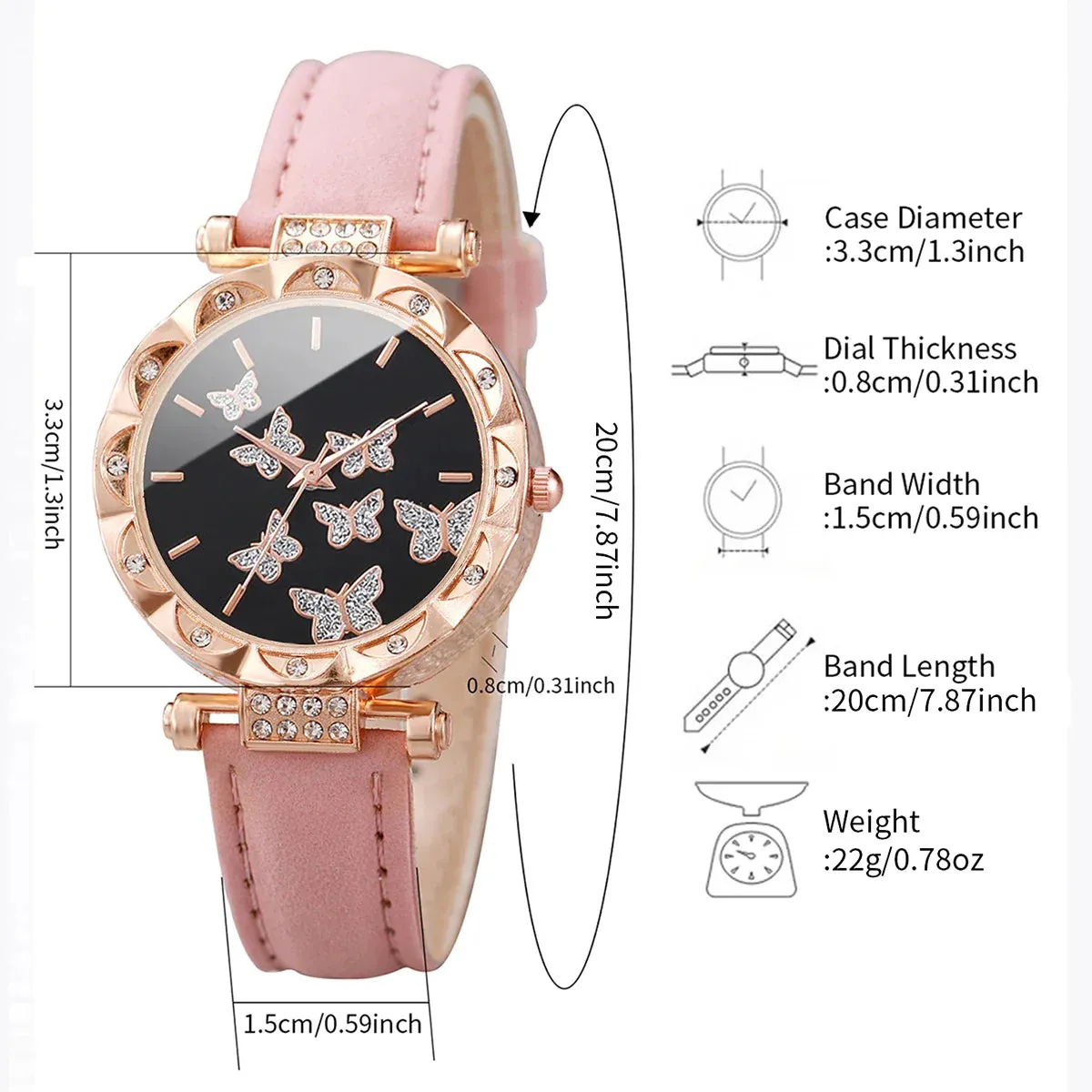 6pc Butterfly Dial Watch Jewelry Set