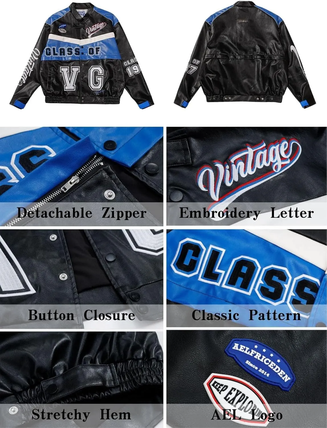 Aelfric Eden Womens Faux Leather Jacket Y2k VG Detachable Racing Jacket Oversized Trendy Outfits