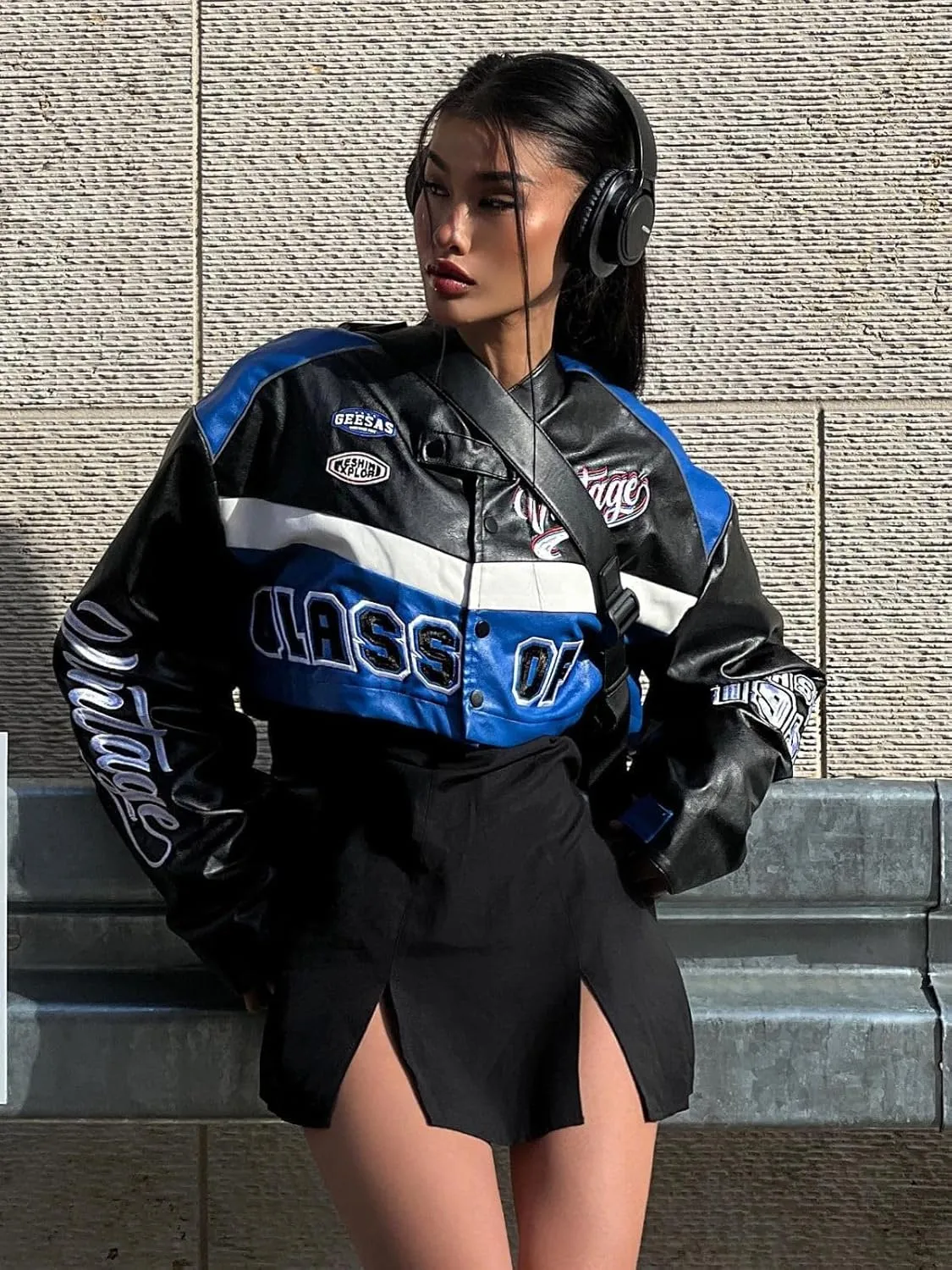 Aelfric Eden Womens Faux Leather Jacket Y2k VG Detachable Racing Jacket Oversized Trendy Outfits