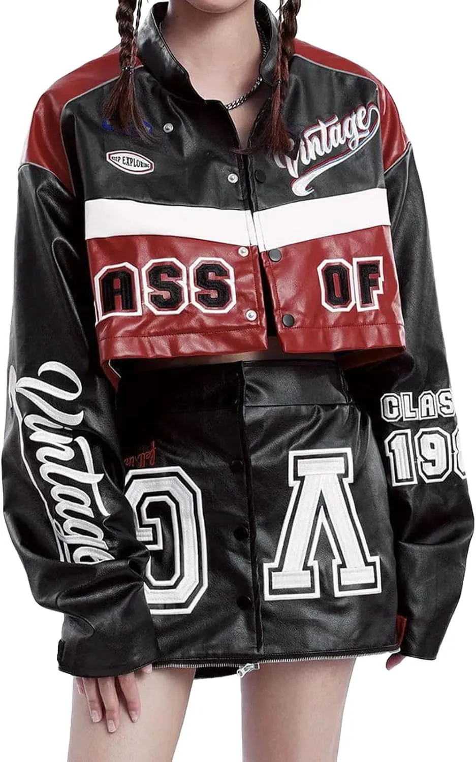 Aelfric Eden Womens Faux Leather Jacket Y2k VG Detachable Racing Jacket Oversized Trendy Outfits