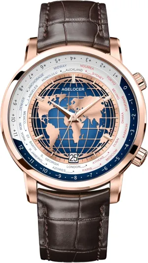 AGELOCER Mechanical Automatic Watch for Men, Blue Planet/Sapphire Mirror/Leather Strap/World Time Business Wrist Watches