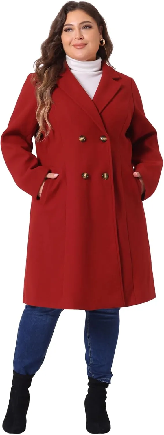 Agnes Orinda Plus Size Long Coats for Women Notched Lapel Winter Warm Double Breasted Coat