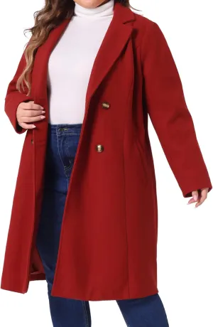 Agnes Orinda Plus Size Long Coats for Women Notched Lapel Winter Warm Double Breasted Coat