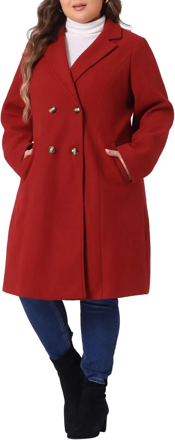 Agnes Orinda Plus Size Long Coats for Women Notched Lapel Winter Warm Double Breasted Coat