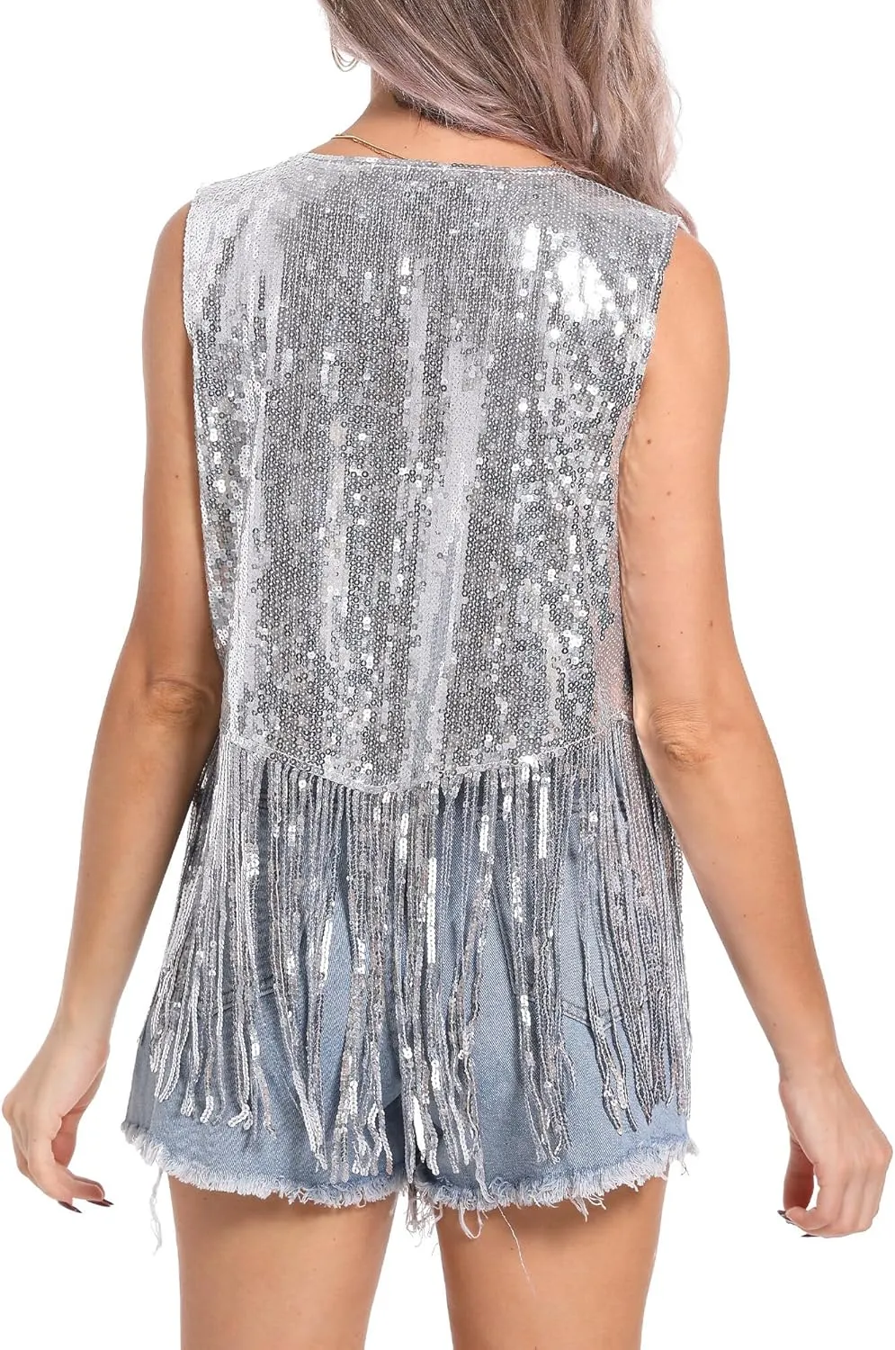 Aivtalk Sequin Tassel Vest for Women Lightweight Sleeveless Sparkly Waistcoat Glitter Fringe Gilet