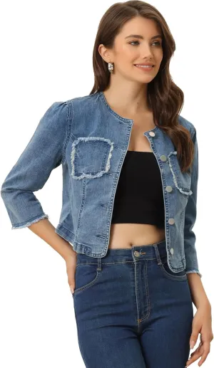 Allegra K Denim Jacket for Women's Collarless 2024 Cardigan Distresse 3/4 Sleeve Crop Jean Jackets