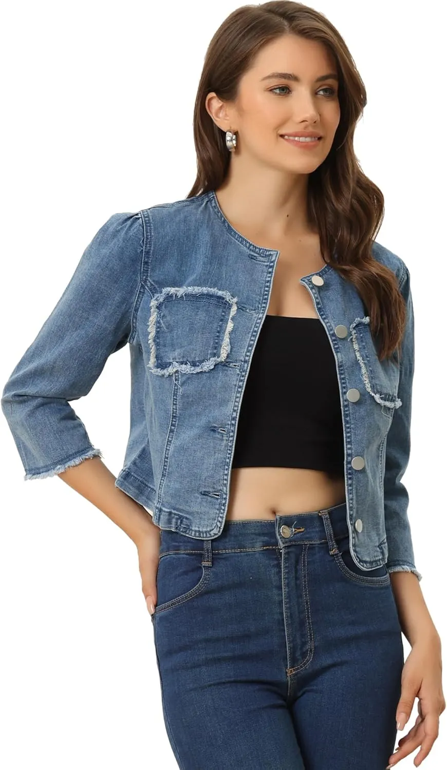 Allegra K Denim Jacket for Women's Collarless 2024 Cardigan Distresse 3/4 Sleeve Crop Jean Jackets