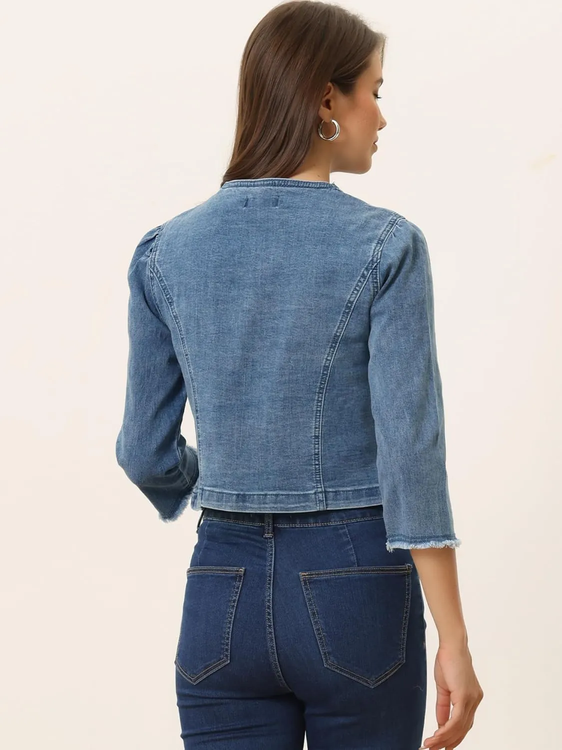 Allegra K Denim Jacket for Women's Collarless 2024 Cardigan Distresse 3/4 Sleeve Crop Jean Jackets
