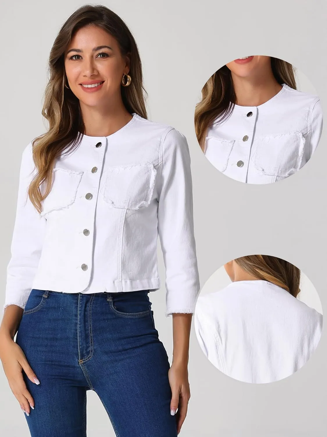Allegra K Denim Jacket for Women's Collarless 2024 Cardigan Distresse 3/4 Sleeve Crop Jean Jackets