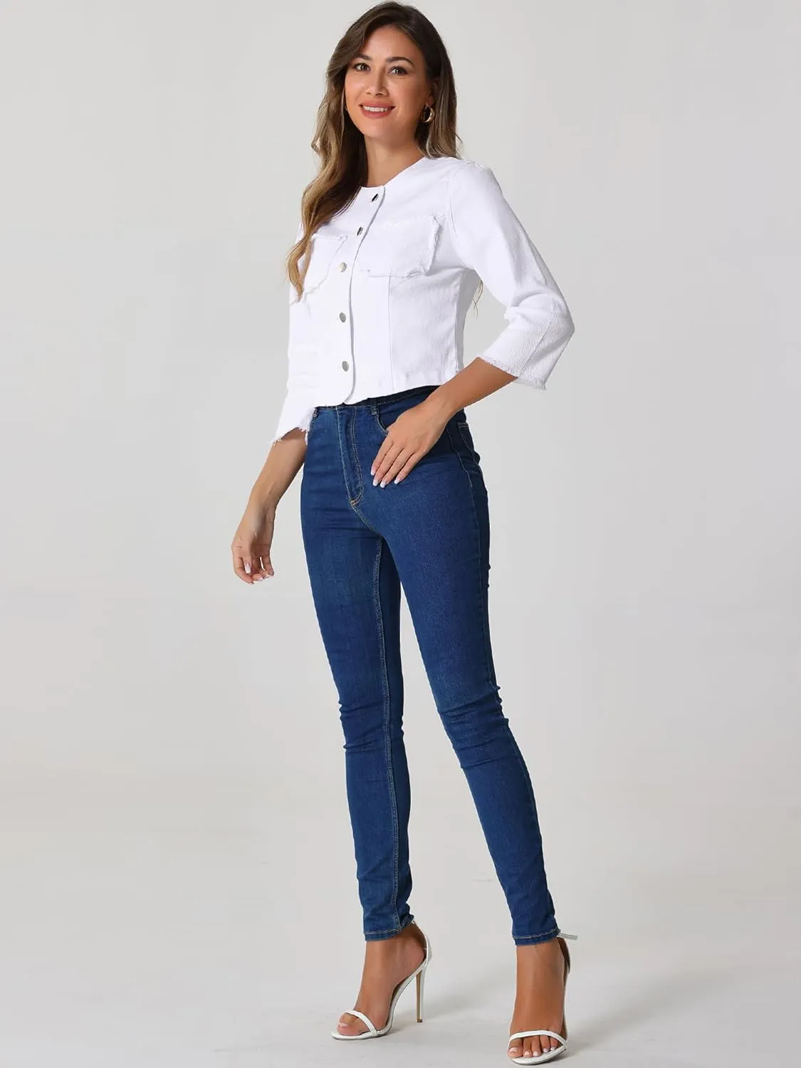 Allegra K Denim Jacket for Women's Collarless 2024 Cardigan Distresse 3/4 Sleeve Crop Jean Jackets
