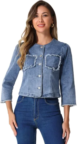 Allegra K Denim Jacket for Women's Collarless 2024 Cardigan Distresse 3/4 Sleeve Crop Jean Jackets