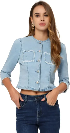 Allegra K Denim Jacket for Women's Collarless 2024 Cardigan Distresse 3/4 Sleeve Crop Jean Jackets