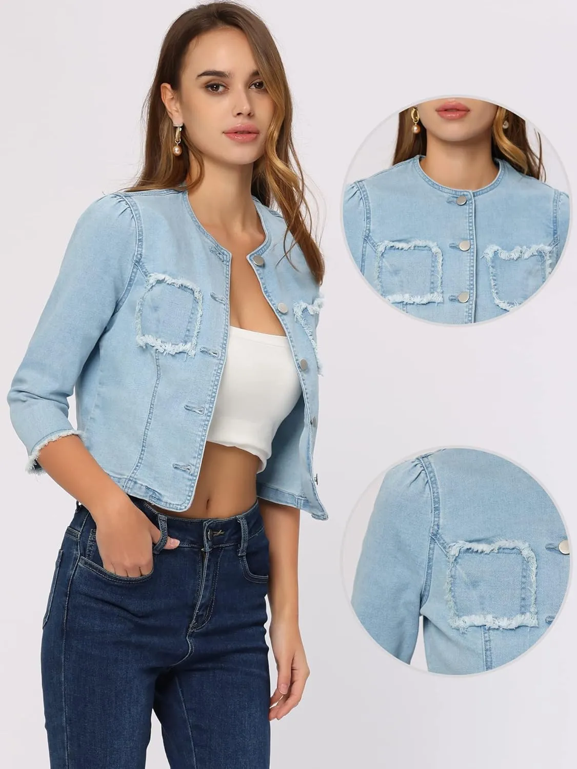 Allegra K Denim Jacket for Women's Collarless 2024 Cardigan Distresse 3/4 Sleeve Crop Jean Jackets