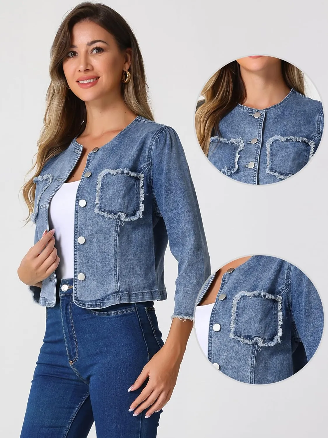 Allegra K Denim Jacket for Women's Collarless 2024 Cardigan Distresse 3/4 Sleeve Crop Jean Jackets