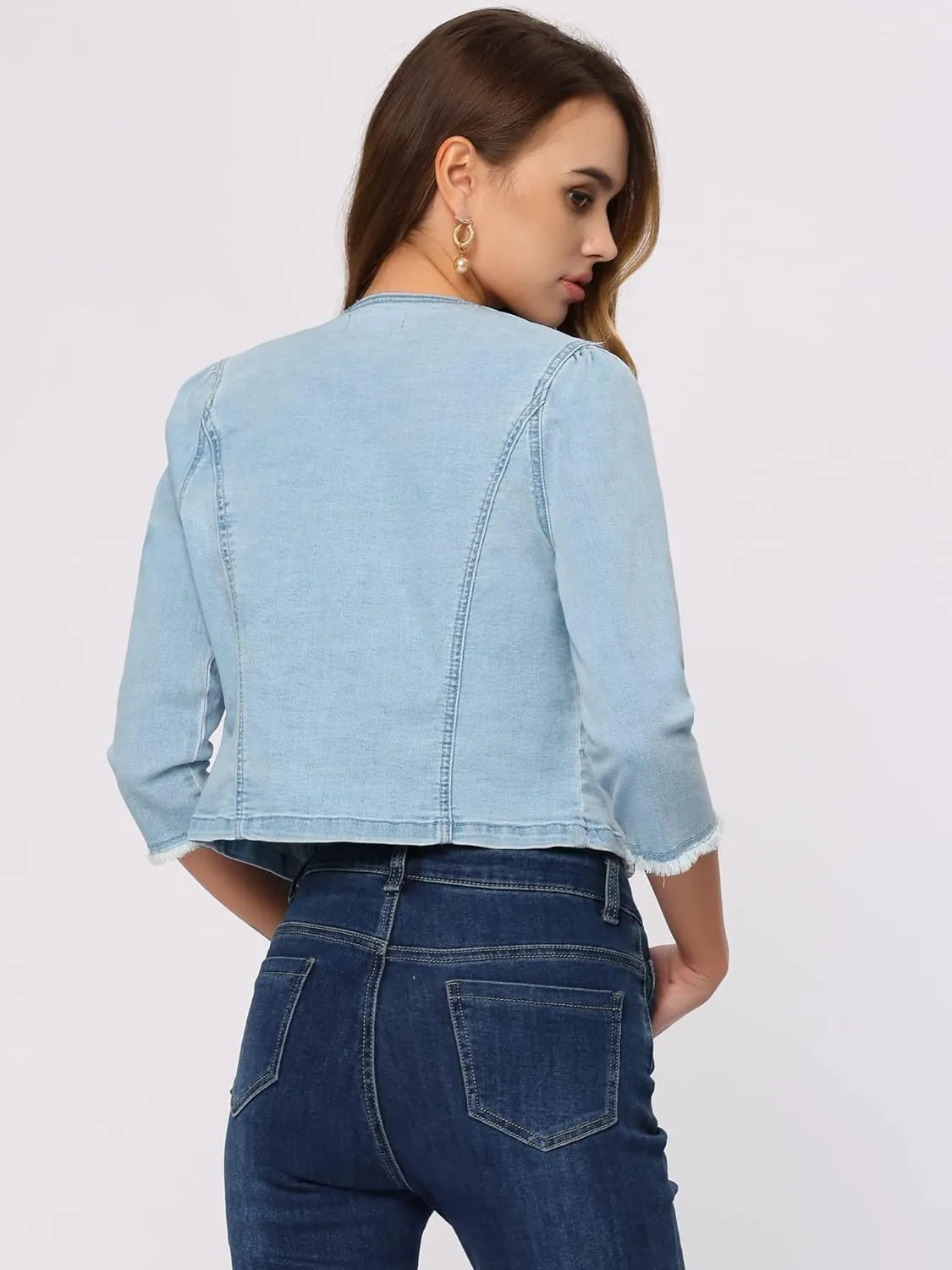 Allegra K Denim Jacket for Women's Collarless 2024 Cardigan Distresse 3/4 Sleeve Crop Jean Jackets