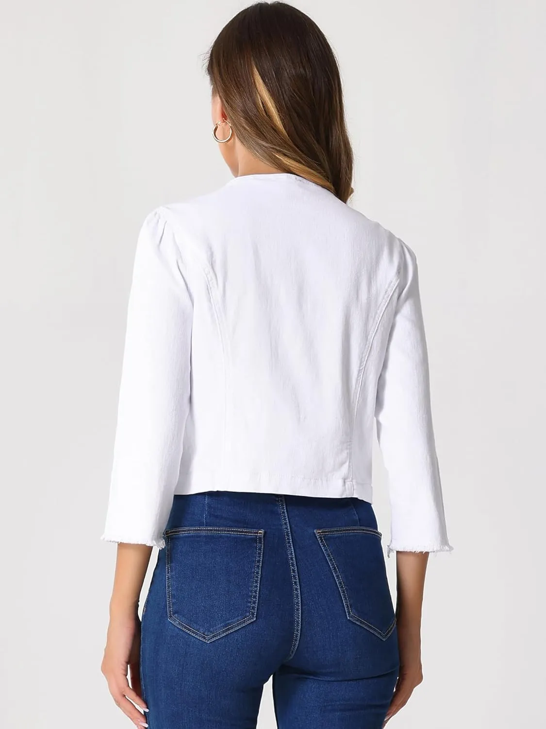 Allegra K Denim Jacket for Women's Collarless 2024 Cardigan Distresse 3/4 Sleeve Crop Jean Jackets