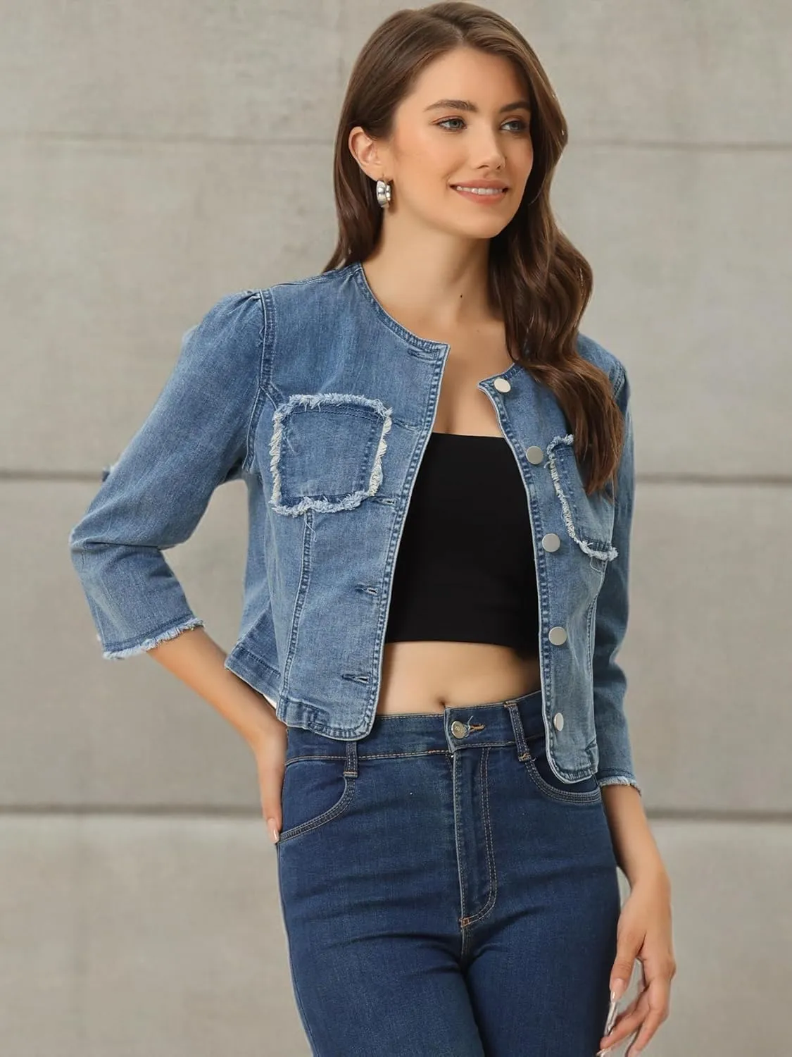 Allegra K Denim Jacket for Women's Collarless 2024 Cardigan Distresse 3/4 Sleeve Crop Jean Jackets