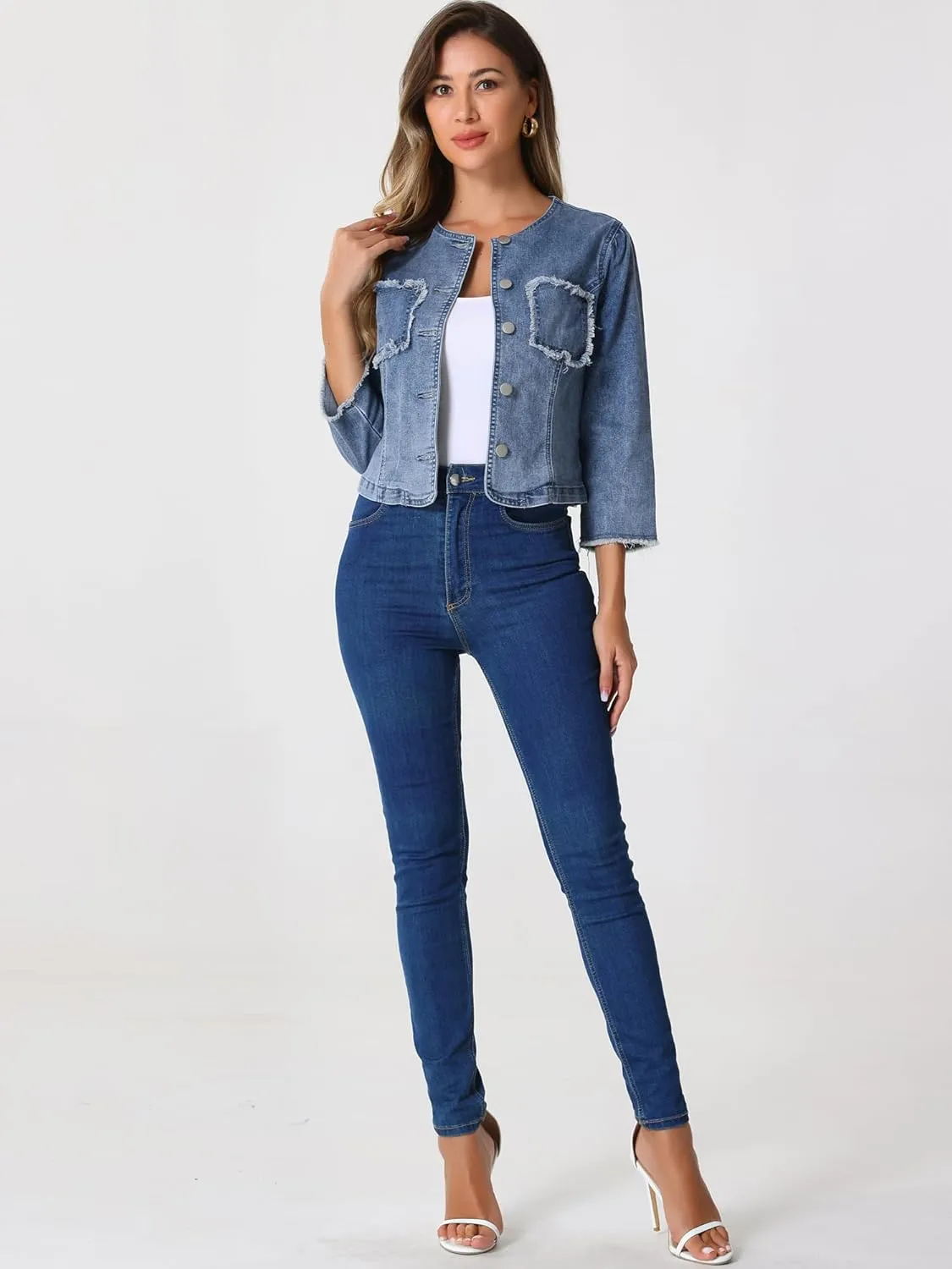 Allegra K Denim Jacket for Women's Collarless 2024 Cardigan Distresse 3/4 Sleeve Crop Jean Jackets