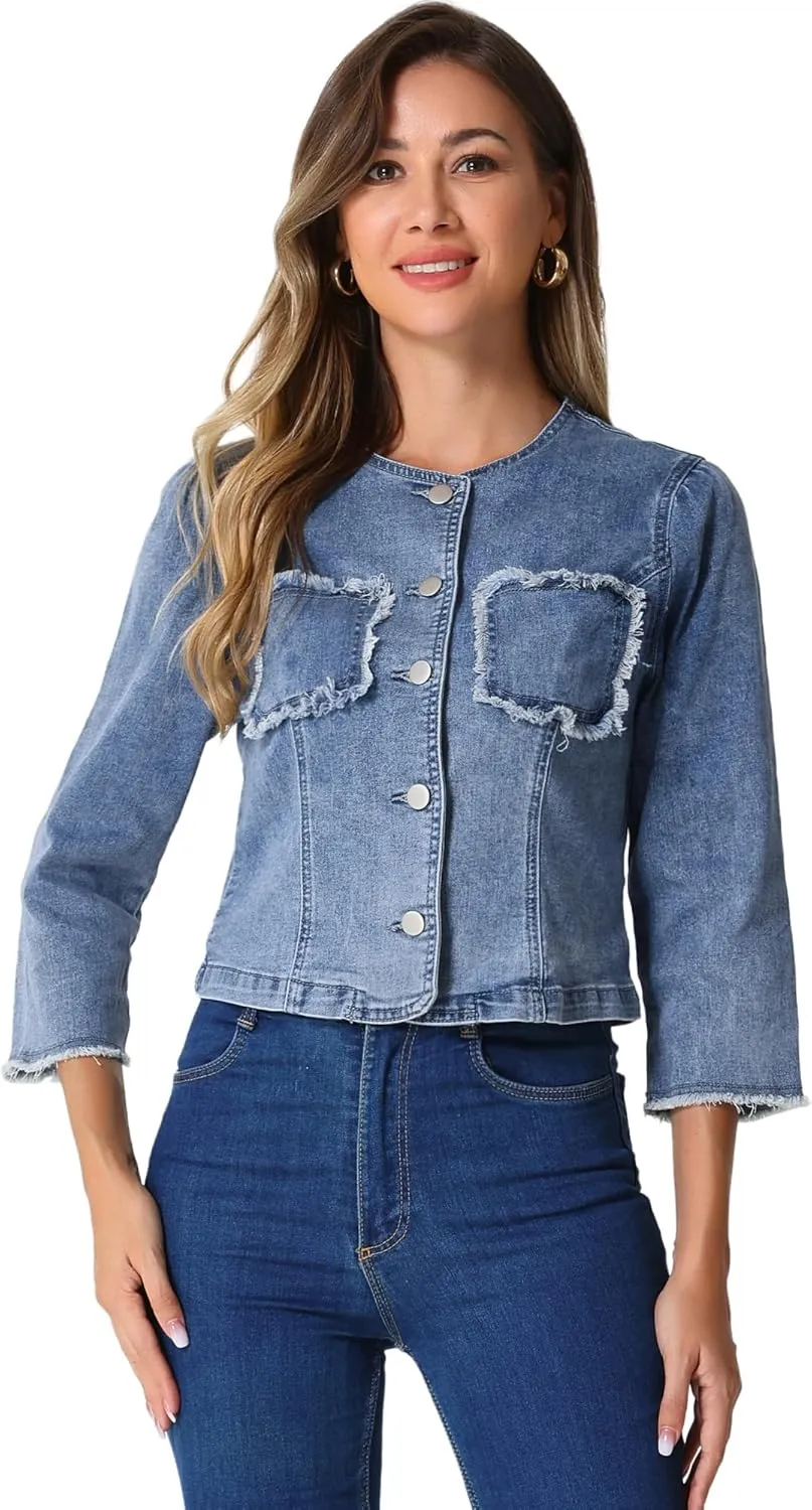 Allegra K Denim Jacket for Women's Collarless 2024 Cardigan Distresse 3/4 Sleeve Crop Jean Jackets