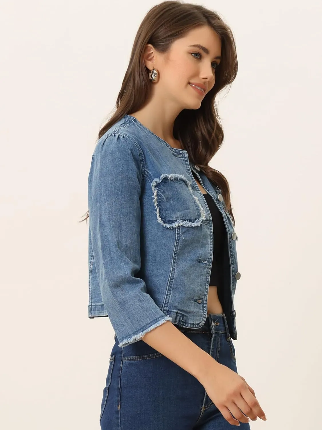 Allegra K Denim Jacket for Women's Collarless 2024 Cardigan Distresse 3/4 Sleeve Crop Jean Jackets