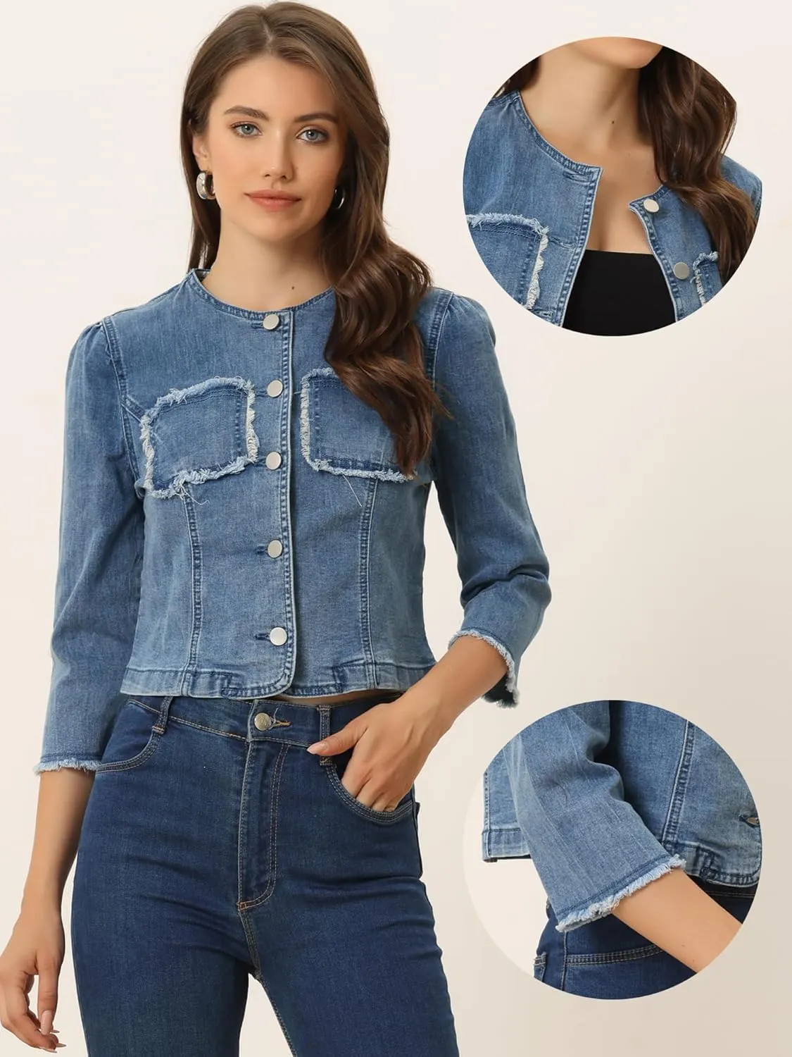 Allegra K Denim Jacket for Women's Collarless 2024 Cardigan Distresse 3/4 Sleeve Crop Jean Jackets