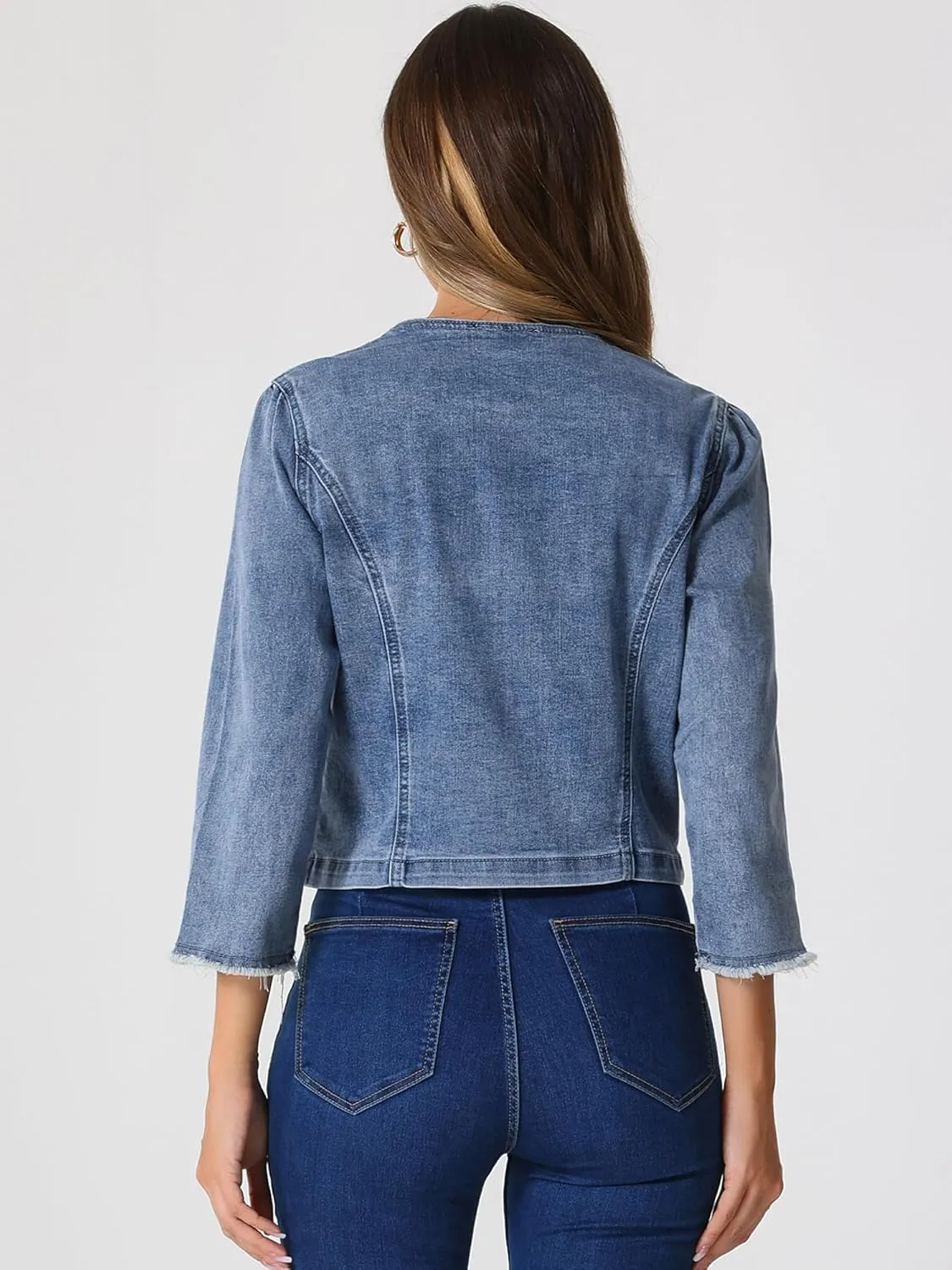 Allegra K Denim Jacket for Women's Collarless 2024 Cardigan Distresse 3/4 Sleeve Crop Jean Jackets