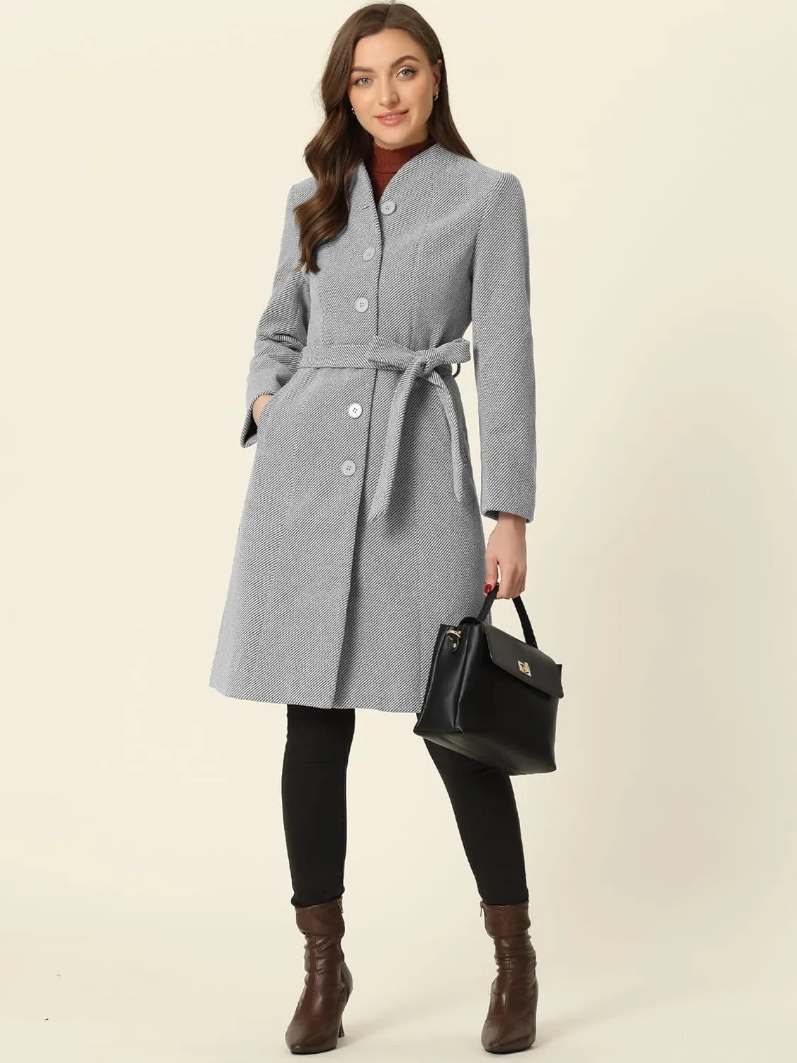 Allegra K Mid-Length Overcoat for Women's Single Breasted Collarless Belted Elegant Winter Coats
