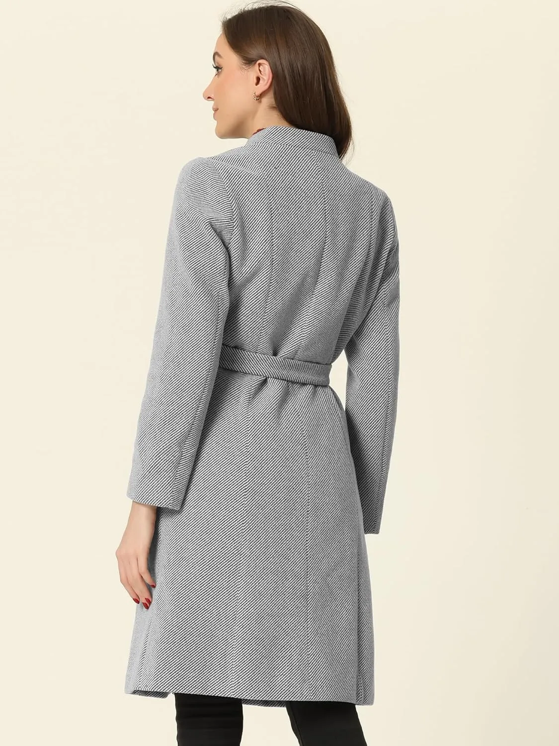Allegra K Mid-Length Overcoat for Women's Single Breasted Collarless Belted Elegant Winter Coats