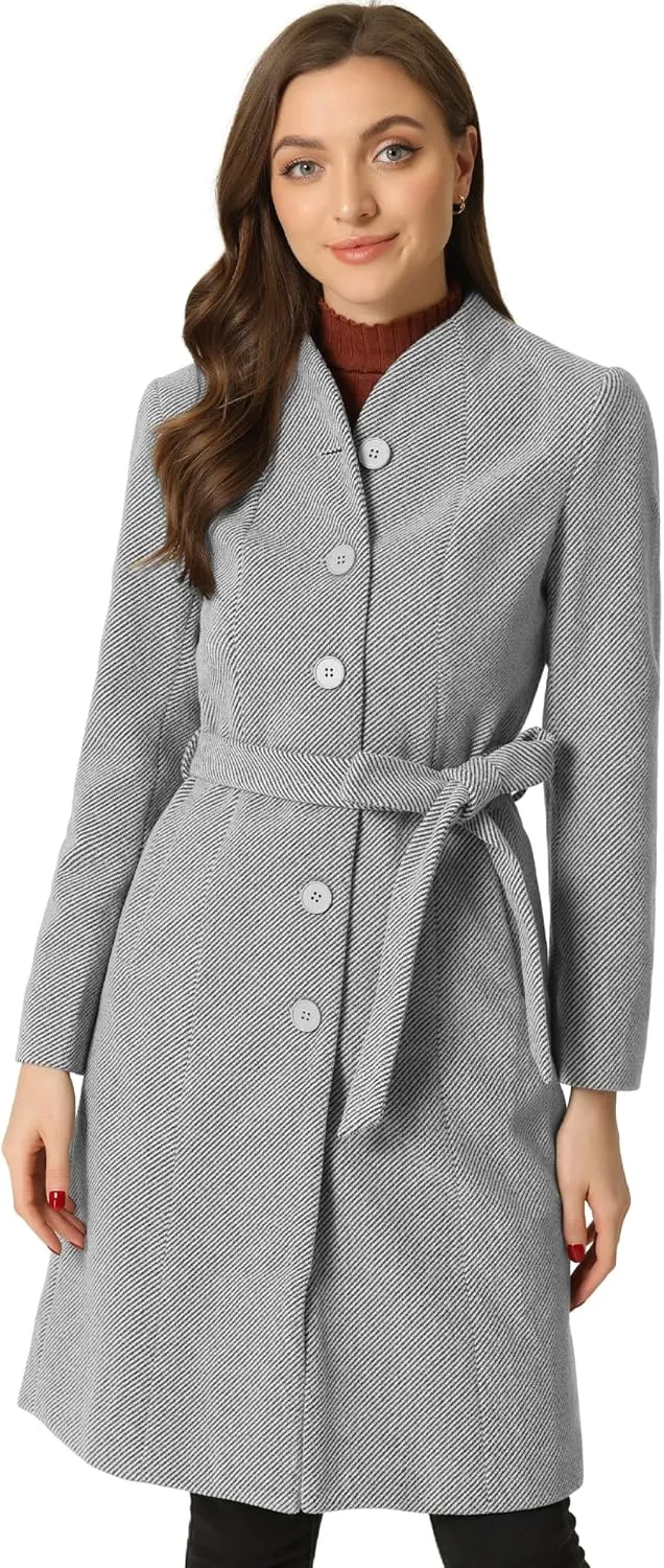 Allegra K Mid-Length Overcoat for Women's Single Breasted Collarless Belted Elegant Winter Coats