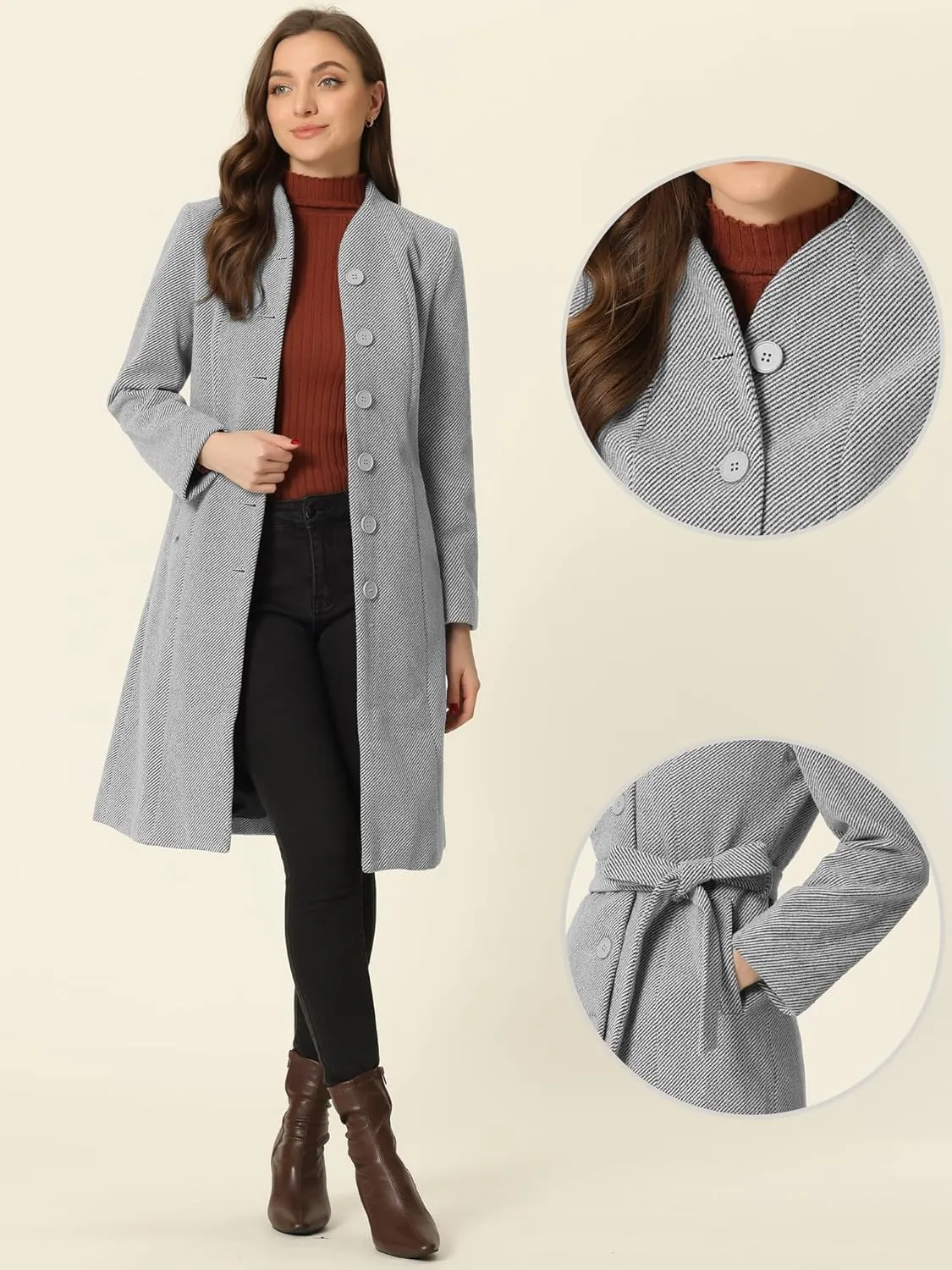 Allegra K Mid-Length Overcoat for Women's Single Breasted Collarless Belted Elegant Winter Coats