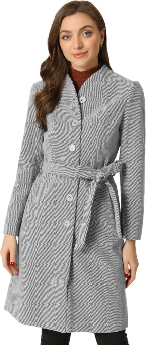 Allegra K Mid-Length Overcoat for Women's Single Breasted Collarless Belted Elegant Winter Coats
