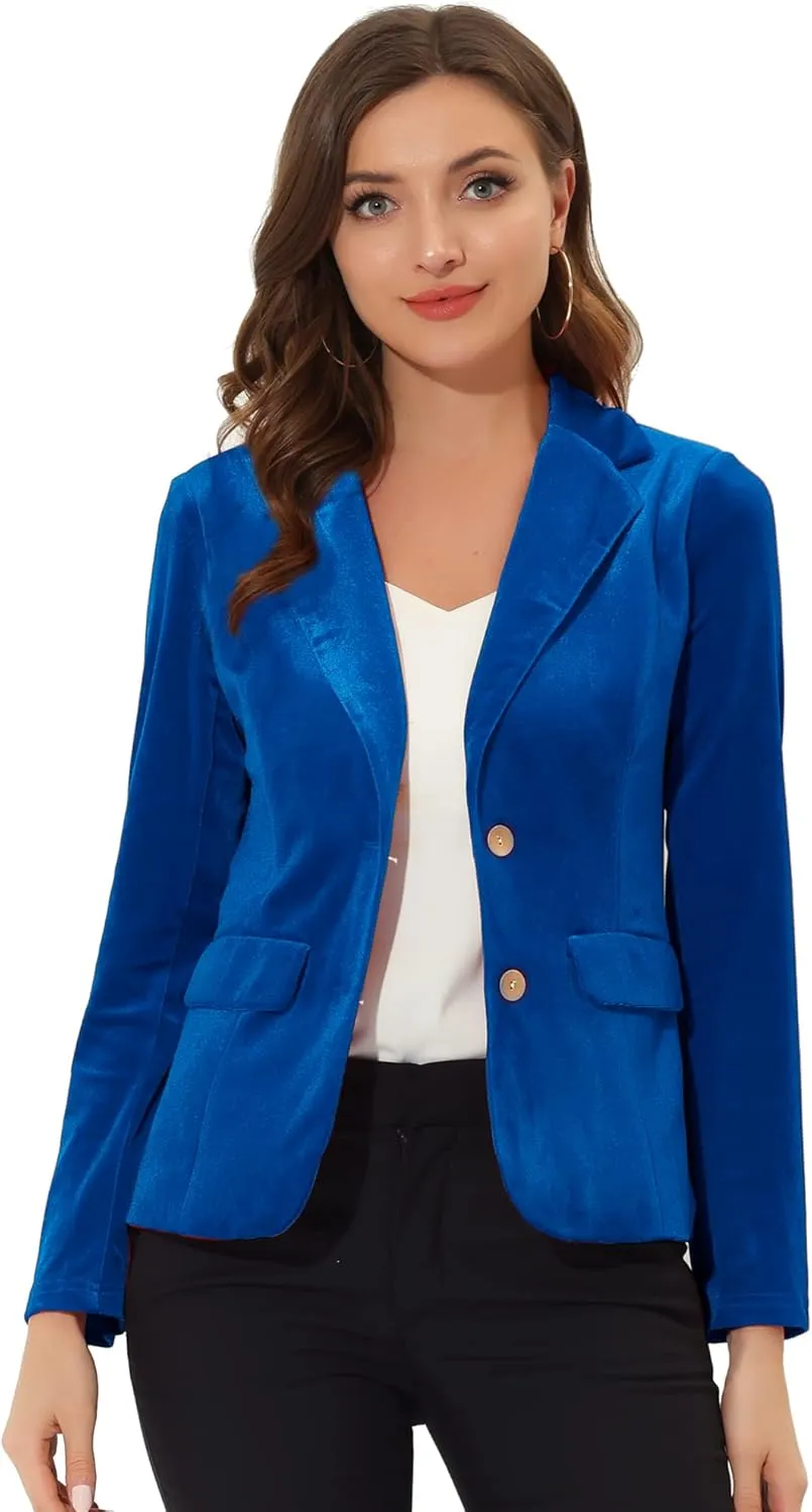 Allegra K Velvet Blazers for Women's Notched Lapel Two Button Long Sleeve Blazer