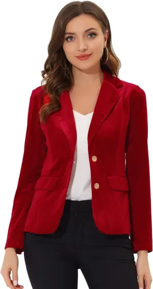 Allegra K Velvet Blazers for Women's Notched Lapel Two Button Long Sleeve Blazer