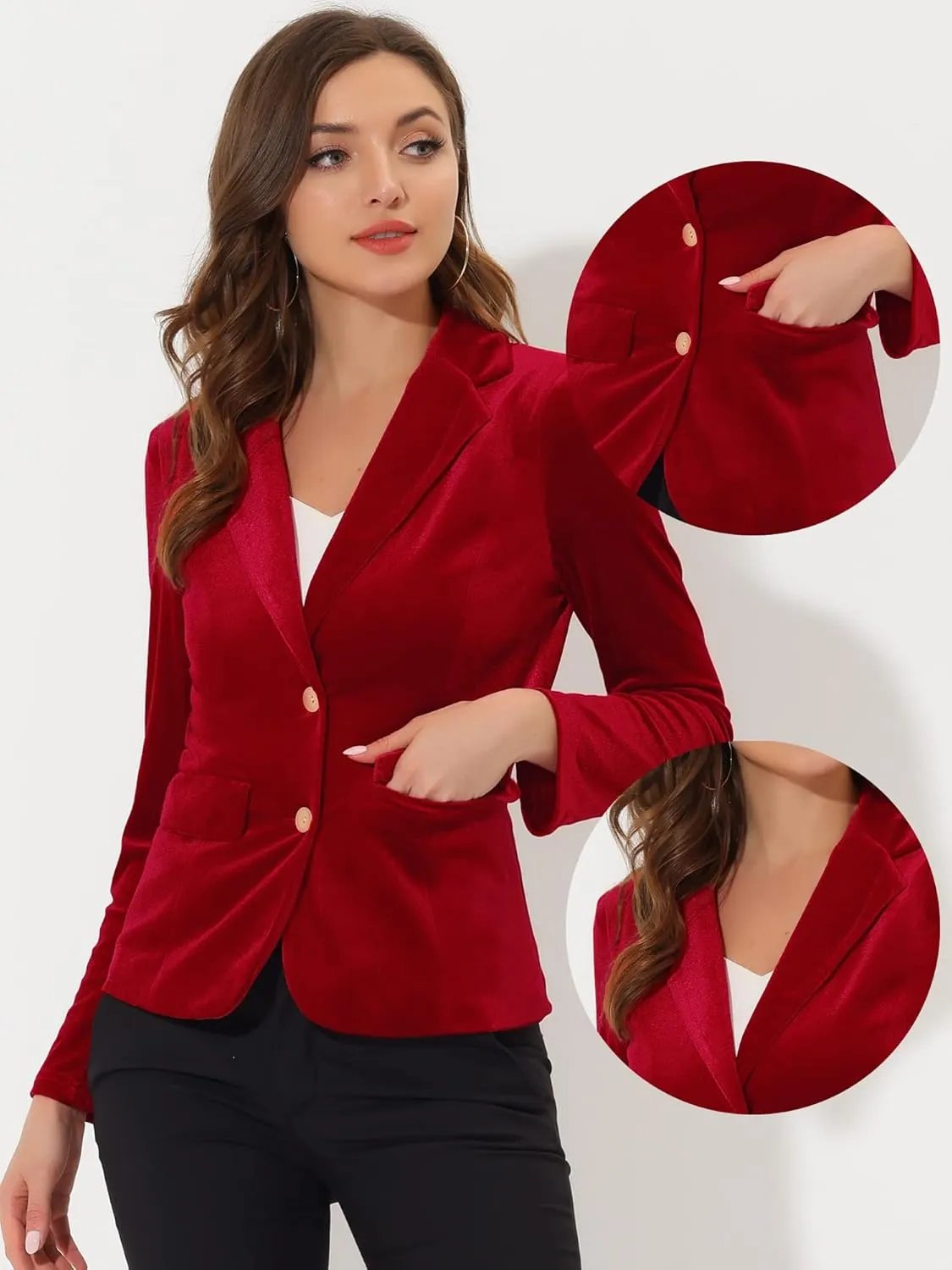 Allegra K Velvet Blazers for Women's Notched Lapel Two Button Long Sleeve Blazer