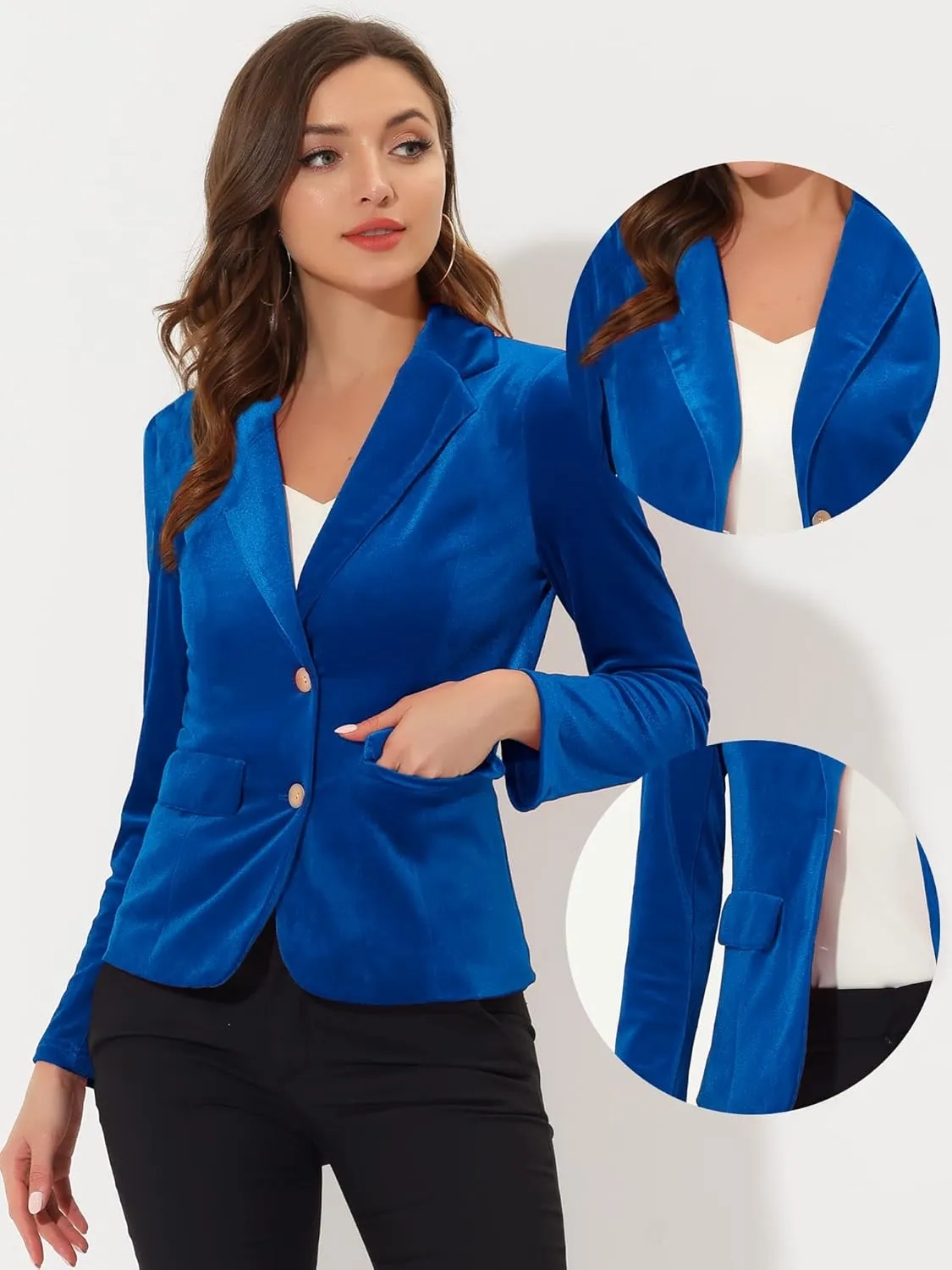 Allegra K Velvet Blazers for Women's Notched Lapel Two Button Long Sleeve Blazer