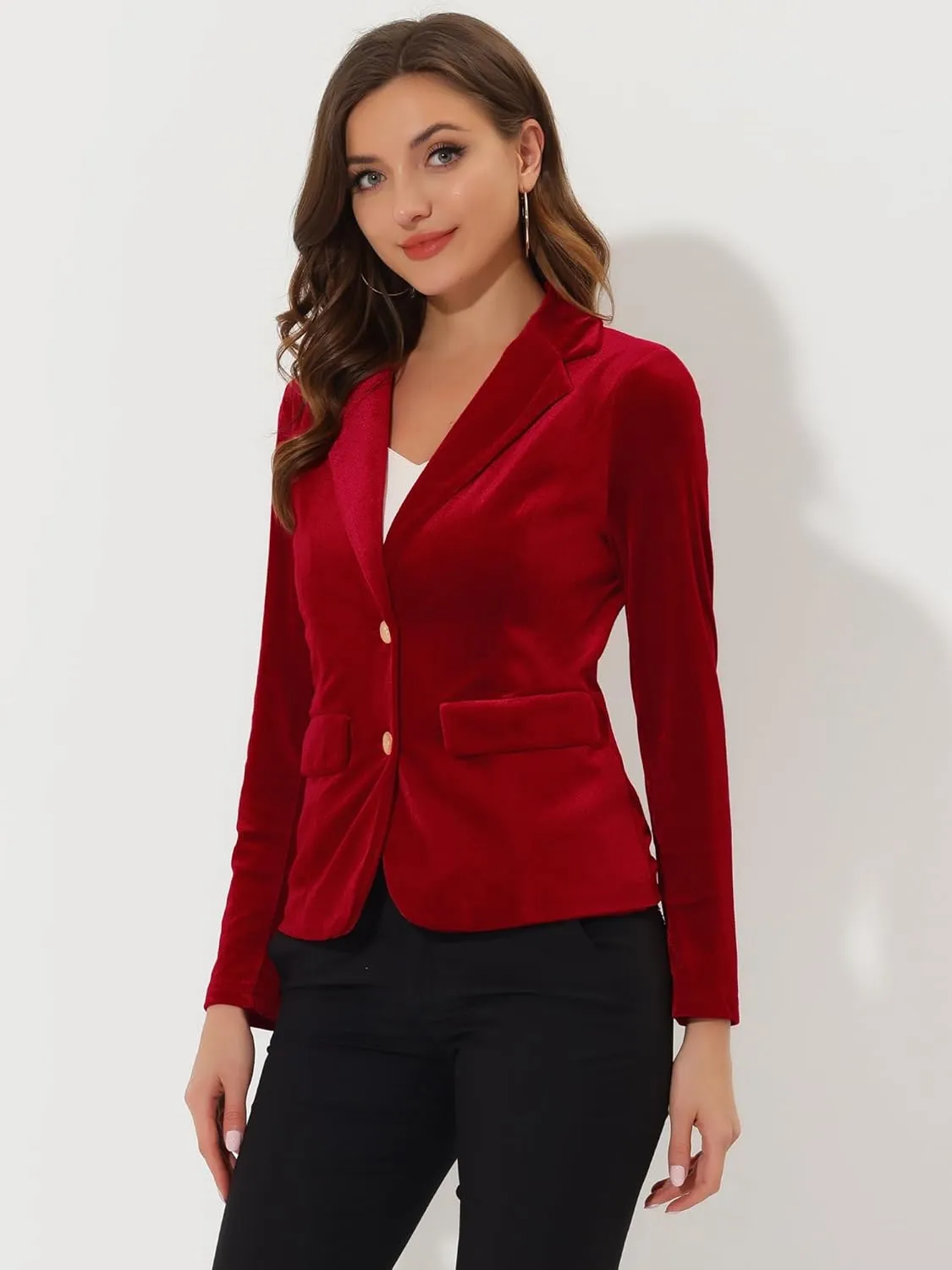 Allegra K Velvet Blazers for Women's Notched Lapel Two Button Long Sleeve Blazer