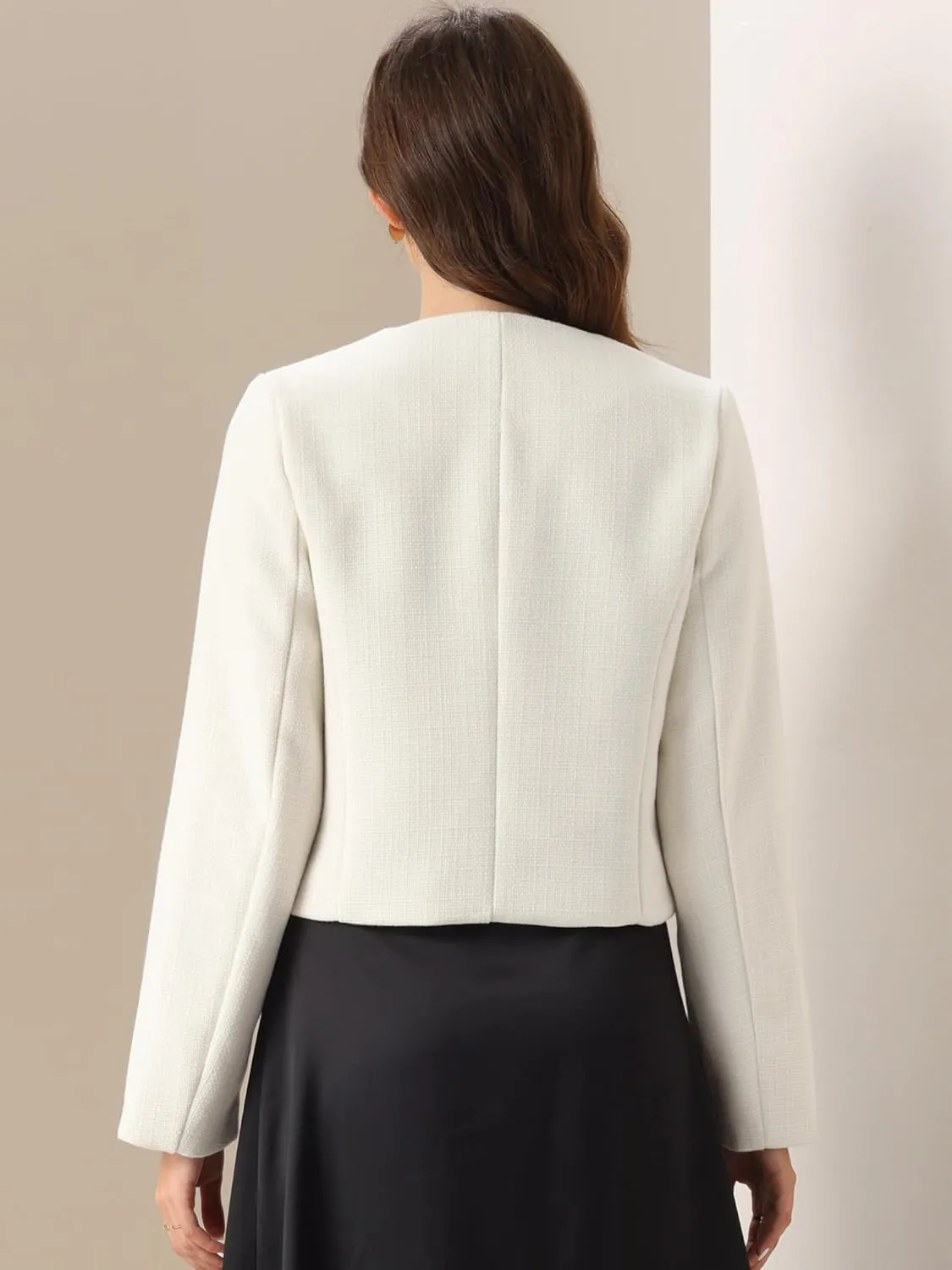 Allegra K Women's Cropped Blazer Jacket Long Sleeve Button Down Spring Fall Work Business Tweed Blazers