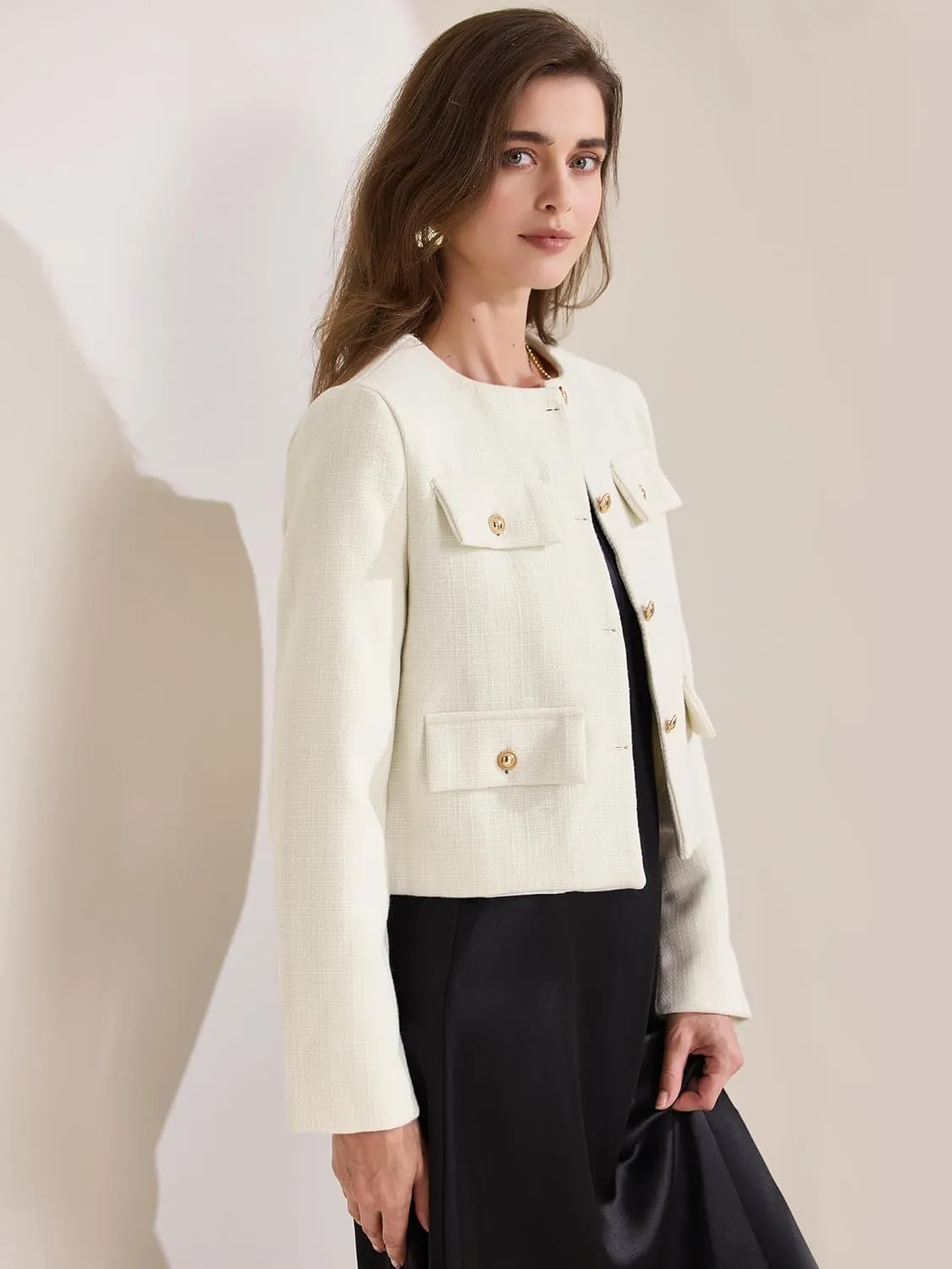 Allegra K Women's Cropped Blazer Jacket Long Sleeve Button Down Spring Fall Work Business Tweed Blazers