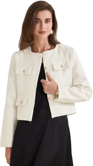 Allegra K Women's Cropped Blazer Jacket Long Sleeve Button Down Spring Fall Work Business Tweed Blazers