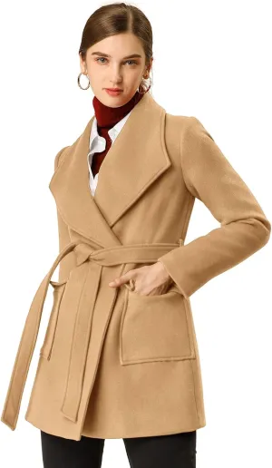Allegra K Women's Winter Shawl Collar Long Sleeve Tie Belt Wrap Coats with Pockets