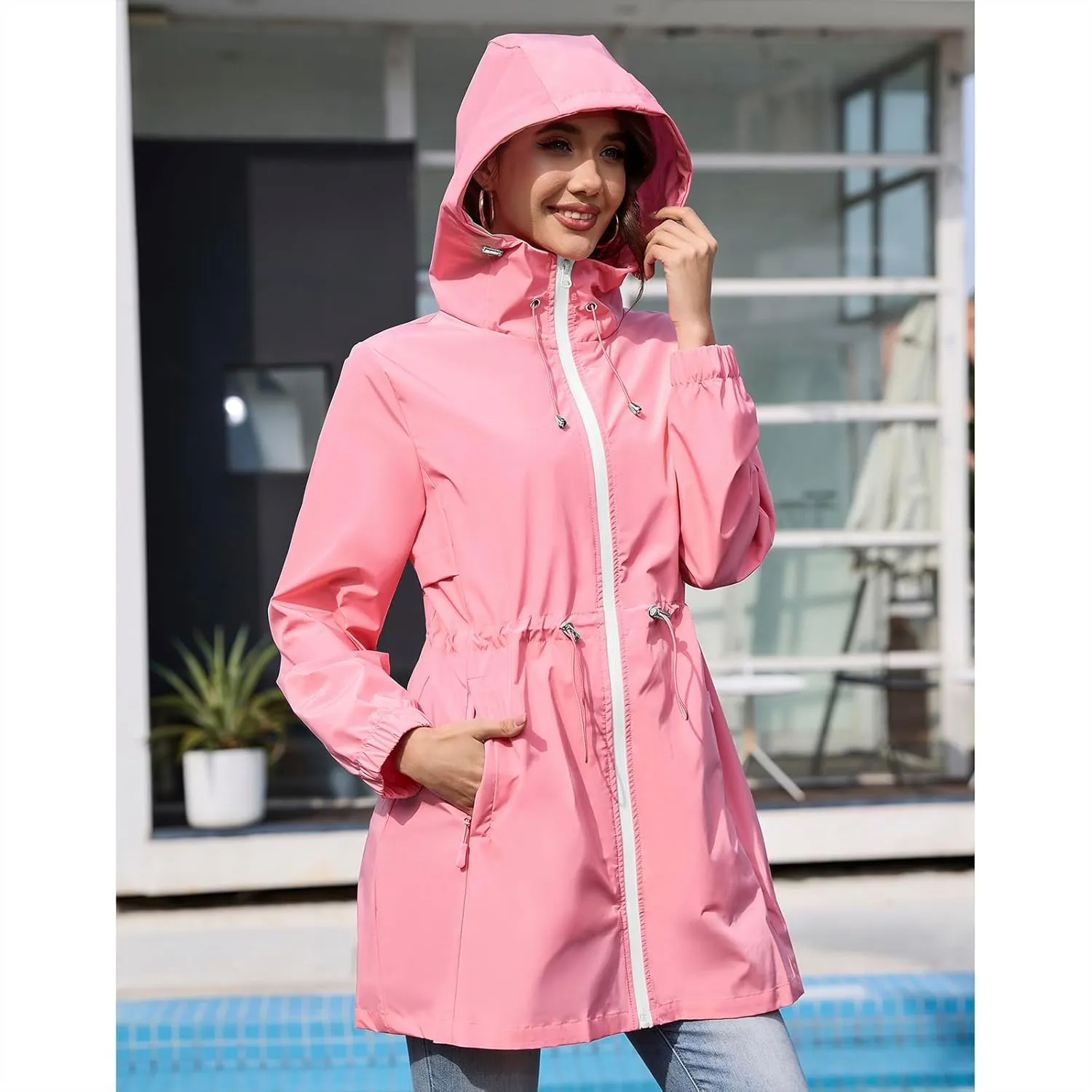 American Trends Rain Jacket Women Waterproof Packable Raincoats for Women Long Rain Coats Windbreaker